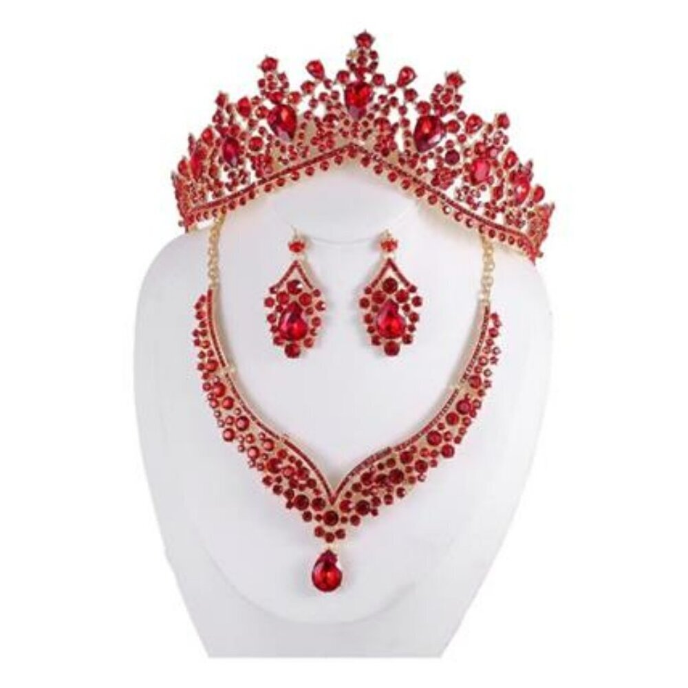 Red Necklace Earrings Crown Set Red Bridal Jewelry Set Crystal Prom Jewelry set
